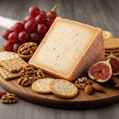 A serving of Taleggio arranged as part of a traditional cheese platter with fruits, nuts, and crackers