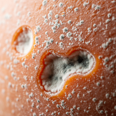 A close-up macro photograph of the rind and surface texture of a Taleggio