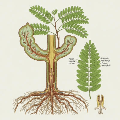Detailed botanical illustration of the internal structure of a Tamarind