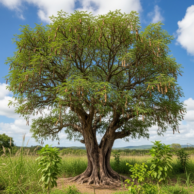A realistic depiction of a mature Tamarind (trees) in its typical natural environment