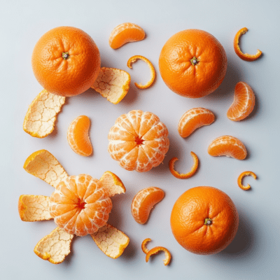 An overhead view photograph of several pieces of the Tangerine, from the fruits taxonomy, arranged aesthetically on a plain background