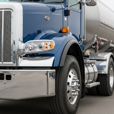 Close-up photograph focusing on distinctive details of a Tank Truck from the trucks taxonomy