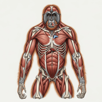 Detailed anatomical illustration of a Tapanuli orangutan, part of the taxonomy apes