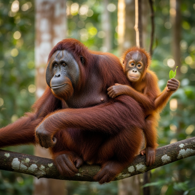 Photograph of a juvenile Tapanuli orangutan (apes) alongside an adult in their environment
