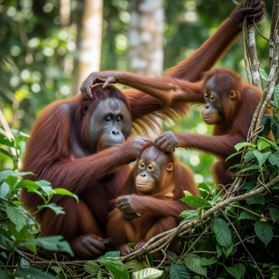 Image showing a group of Tapanuli orangutan (apes) engaging in typical social behavior