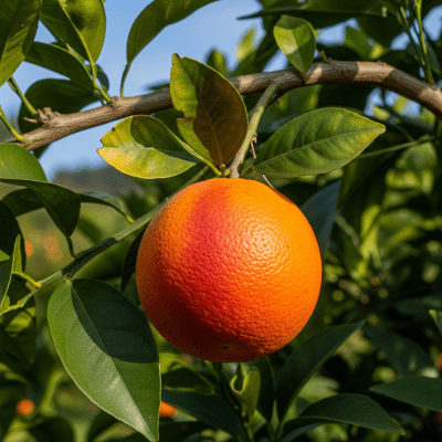 A naturalistic scene featuring a Tarocco Blood Orange from the oranges taxonomy growing on a tree with leaves and branches visible