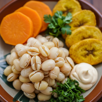 Image of cooked Tarwi Bean (beans) presented as part of a traditional dish or cuisine, plated attractively and photographed from above