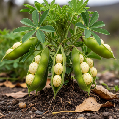 An image of Tarwi Bean, belonging to the taxonomy beans, displayed in its natural environment—such as growing on a plant or vine, surrounded by leaves and soil