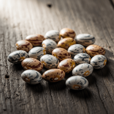 A handful of uncooked Tarwi Bean beans (beans) scattered on a rustic wooden surface, photographed in natural light to emphasize their variety and color
