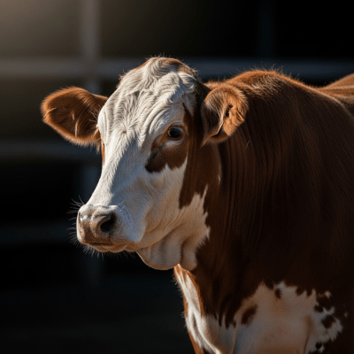Editorial-style portrait of a Taurine–Indicine hybrids (taurine × indicine composites) from the taxonomy cows, with dramatic lighting and shallow depth of field to highlight unique features or markings.