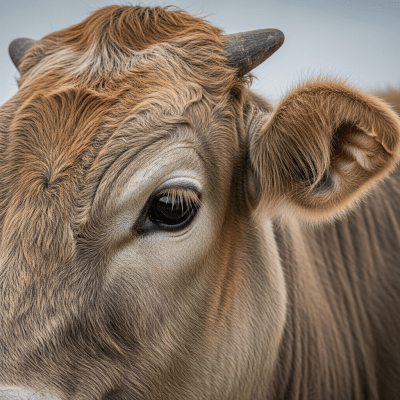 Close-up photograph of the head and face of a Taurine–Indicine hybrids (taurine × indicine composites), focusing on distinctive features such as eyes, ears, and fur texture