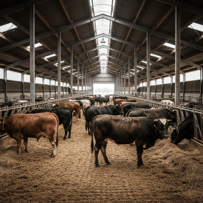 Documentary-style image of a Taurine–Indicine hybrids (taurine × indicine composites) in a barn or shelter environment, showing typical housing conditions for cows