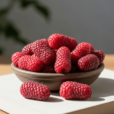 A high resolution image of several fresh Tayberrys arranged in a simple bowl, representing their use within the taxonomy berries