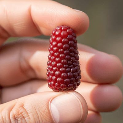 A factual photograph of a hand holding a ripe Tayberry, illustrating its size and appearance for the taxonomy berries