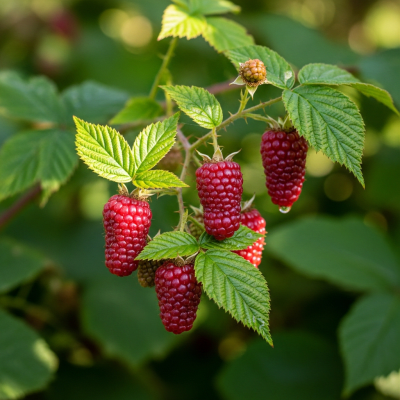 A naturalistic photograph of a Tayberry growing on its plant in its typical environment, representing the taxonomy berries