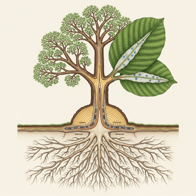 Detailed botanical illustration of the internal structure of a Teak