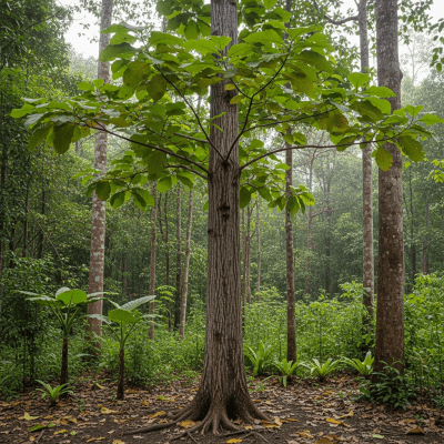 A realistic depiction of a mature Teak (trees) in its typical natural environment