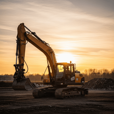 Editorial-style hero shot of a Remote-teleoperated / unmanned excavator (tele- or robot-operated) (excavators), dramatically lit at sunset on an open site.