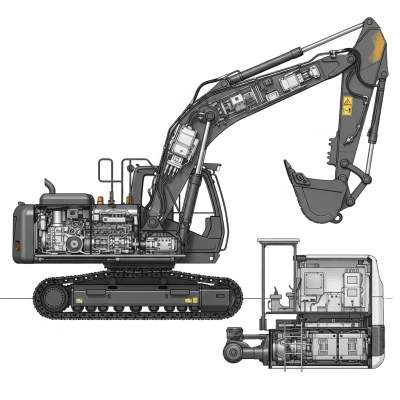 Detailed cross-sectional illustration of a Remote-teleoperated / unmanned excavator (tele- or robot-operated) from the excavators taxonomy
