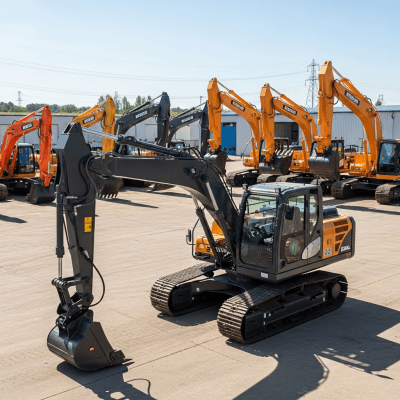 A wide-angle image of a fleet of various excavators, with the specific Remote-teleoperated / unmanned excavator (tele- or robot-operated) in the foreground for emphasis