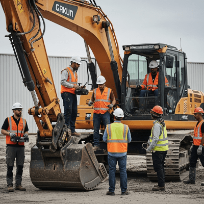 Image of a diverse group of construction workers operating or interacting with a Remote-teleoperated / unmanned excavator (tele- or robot-operated) from the excavators taxonomy