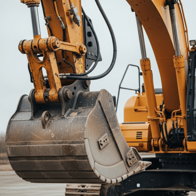 A close-up photograph focusing on the bucket and arm of a Remote-teleoperated / unmanned excavator (tele- or robot-operated) (excavators), showing details such as hydraulic lines, metal textures, and wear marks