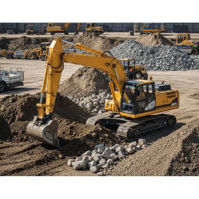A realistic image of a Remote-teleoperated / unmanned excavator (tele- or robot-operated) (excavators) at work on a construction site, surrounded by soil, rocks, and machinery