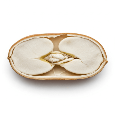 A cross-sectional view of a single Tepary Bean (beans), sliced cleanly to reveal its internal structure and composition