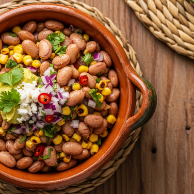 Image of cooked Tepary Bean (beans) presented as part of a traditional dish or cuisine, plated attractively and photographed from above