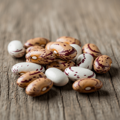 A handful of uncooked Tepary Bean beans (beans) scattered on a rustic wooden surface, photographed in natural light to emphasize their variety and color
