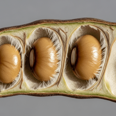 Close-up macro image of the Tepary Bean (legumes) cut in half, displaying its internal structure and details such as seed arrangement, pod interior, or cross-section textures