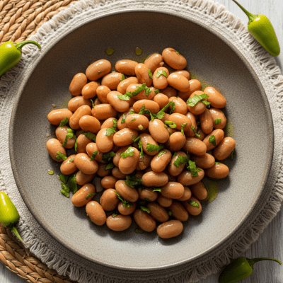 Image of cooked or prepared Tepary Bean (legumes) as it appears in a traditional dish or common culinary usage, presented on a clean plate with minimal garnish