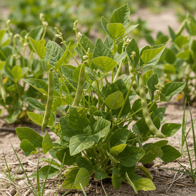 Photograph of the Tepary Bean (legumes) growing naturally on its plant in an outdoor agricultural or garden setting, showing leaves, pods, and surrounding soil or greenery
