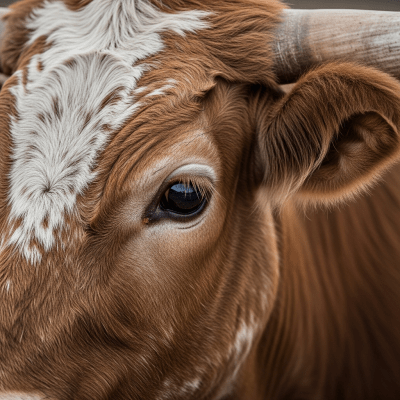 Close-up photograph of the head and face of a Texas Longhorn, focusing on distinctive features such as eyes, ears, and fur texture