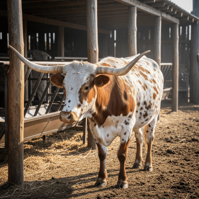 Documentary-style image of a Texas Longhorn in a barn or shelter environment, showing typical housing conditions for cows