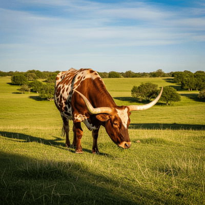 Naturalistic image of a Texas Longhorn in its typical environment, such as a grassy pasture or open field