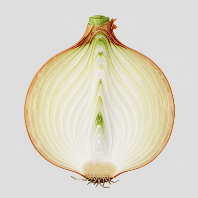 A detailed cross-sectional image of a Texas Sweet onion (onions) cut in half to reveal its internal layers and structure