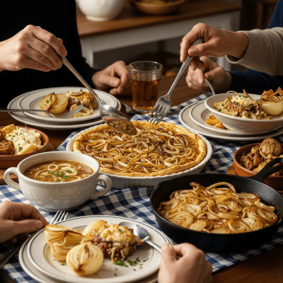 A cultural representation of a Texas Sweet onion (onions) featured in a traditional dish or meal setting