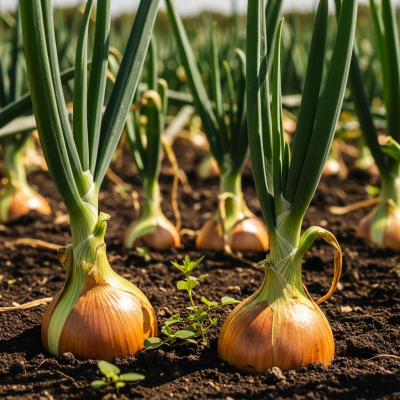 A photograph of a Texas Sweet onion (onions) in its natural environment or growing in soil