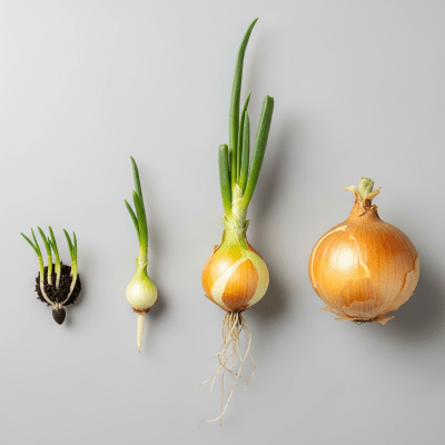 An image showing multiple stages of growth for a single type of Texas Sweet onion (onions), from seedling to mature bulb