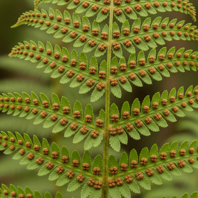 Photograph of a mature Thelypteris palustris, with visible sporangia or sori on the underside of its fronds, highlighting its reproductive structures