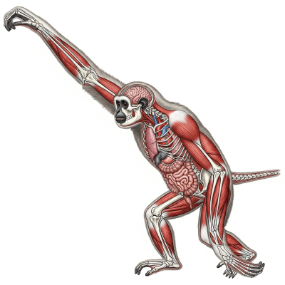 Detailed anatomical illustration of a Skywalker (Tianxing) hoolock gibbon, part of the taxonomy apes