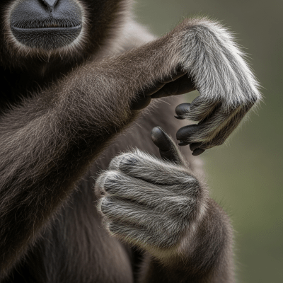 Close-up photograph of the hands or feet of a Skywalker (Tianxing) hoolock gibbon, part of the taxonomy apes