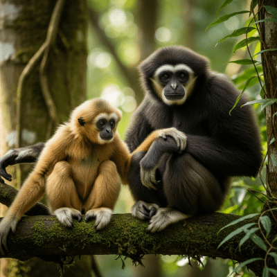 Photograph of a juvenile Skywalker (Tianxing) hoolock gibbon (apes) alongside an adult in their environment