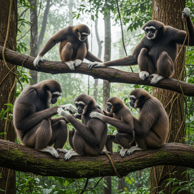 Image showing a group of Skywalker (Tianxing) hoolock gibbon (apes) engaging in typical social behavior
