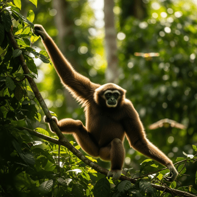 Photograph of a Skywalker (Tianxing) hoolock gibbon (apes) in its natural habitat