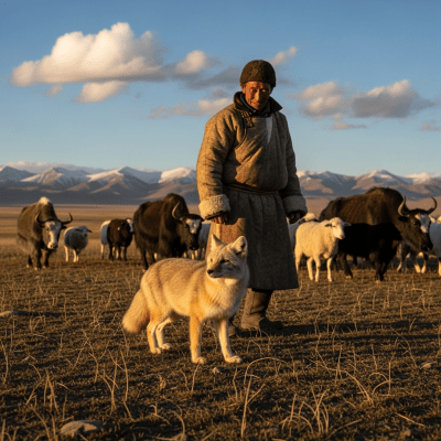 Image of a Tibetan Fox interacting with humans in a cultural or practical context