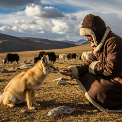 Image of a Tibetan Sand Fox interacting with humans in a cultural or practical context