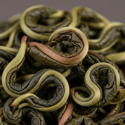 Macro photograph focusing on the texture and details of Tieguanyin leaves, within the taxonomy teas