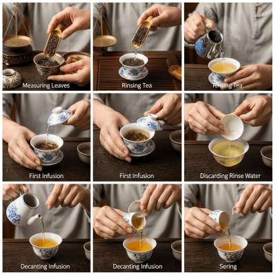 Step-by-step visual depiction showing the preparation process for Tieguanyin, within the taxonomy teas